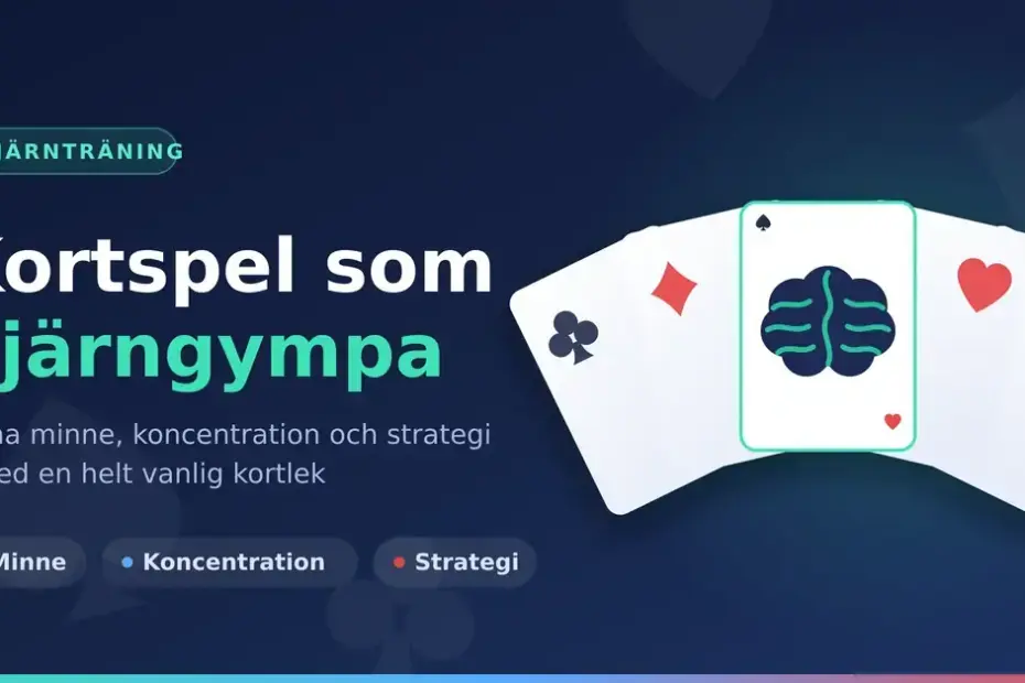 En mörkblå grafik med en solfjäder av spelkort där mittkortet visar en illustrerad hjärna, tillsammans med texten "Kortspel som hjärngympa".