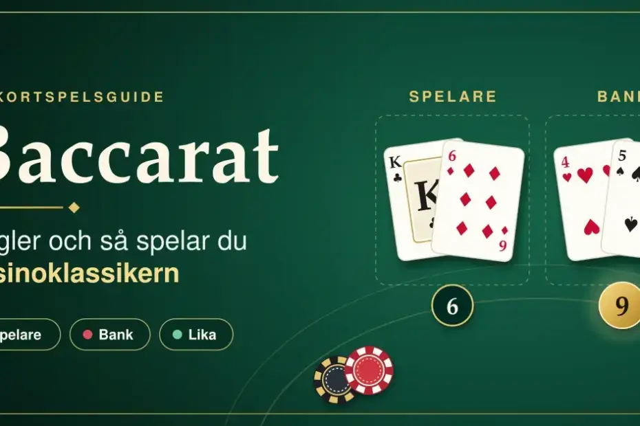 Grafik med ett grönt baccaratbord där spelarens hand (kung och sexa) får 6 och bankens hand (fyra och femma) får 9, bredvid rubriken "Baccarat – regler och så spelar du casinoklassikern" och de tre satsningarna spelare, bank och lika.