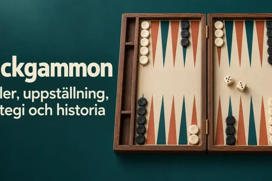 Backgammonbräde med ljusa och mörka pjäser samt två tärningar intill texten ”Backgammon – Regler, uppställning, strategi och historia”.