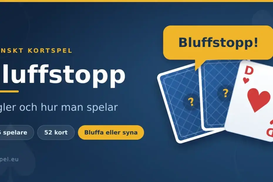 Grafik för kortspelet Bluffstopp med tre spelkort, varav två med baksidan uppåt, och en pratbubbla där någon ropar "Bluffstopp!".