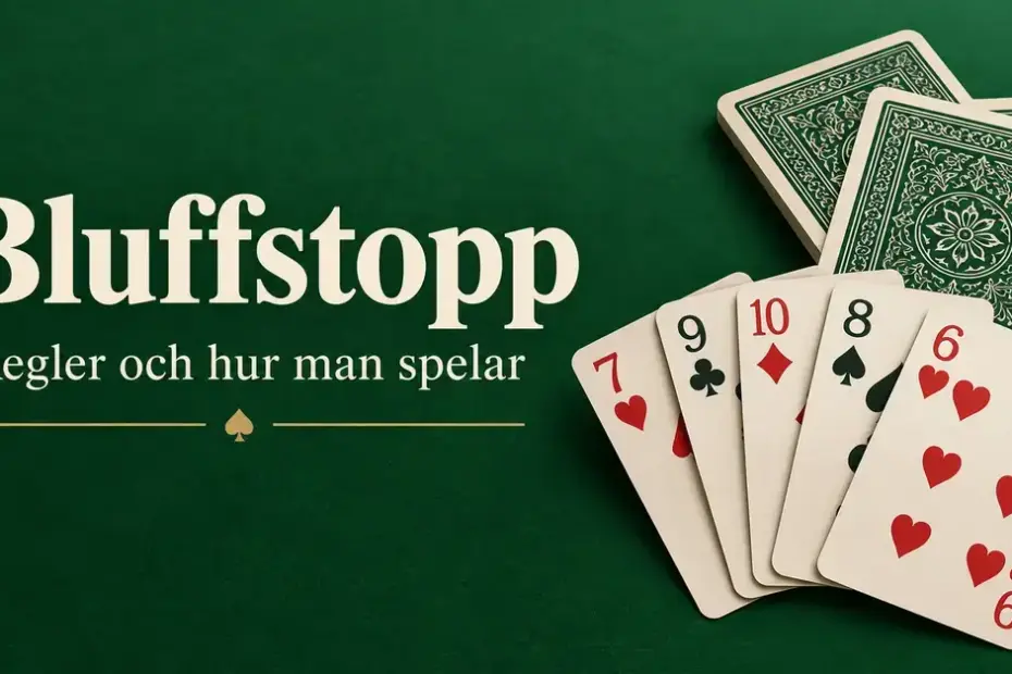 Spelkort med synliga valörer och mönstrade baksidor på grön bakgrund intill texten ”Bluffstopp – Regler och hur man spelar”.