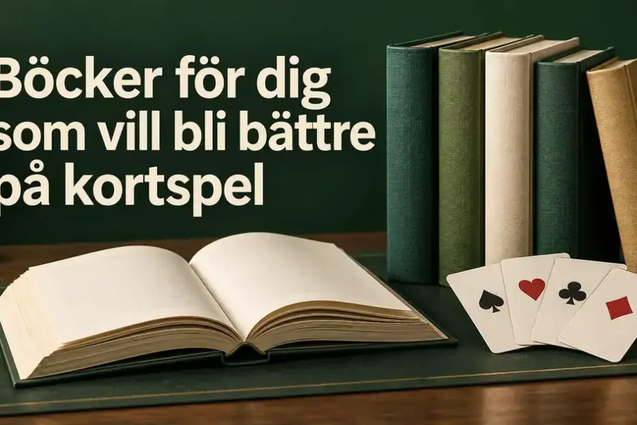 En uppslagen bok, fem inbundna böcker och fyra spelkort på ett grönt bord under rubriken ”Böcker för dig som vill bli bättre på kortspel”.