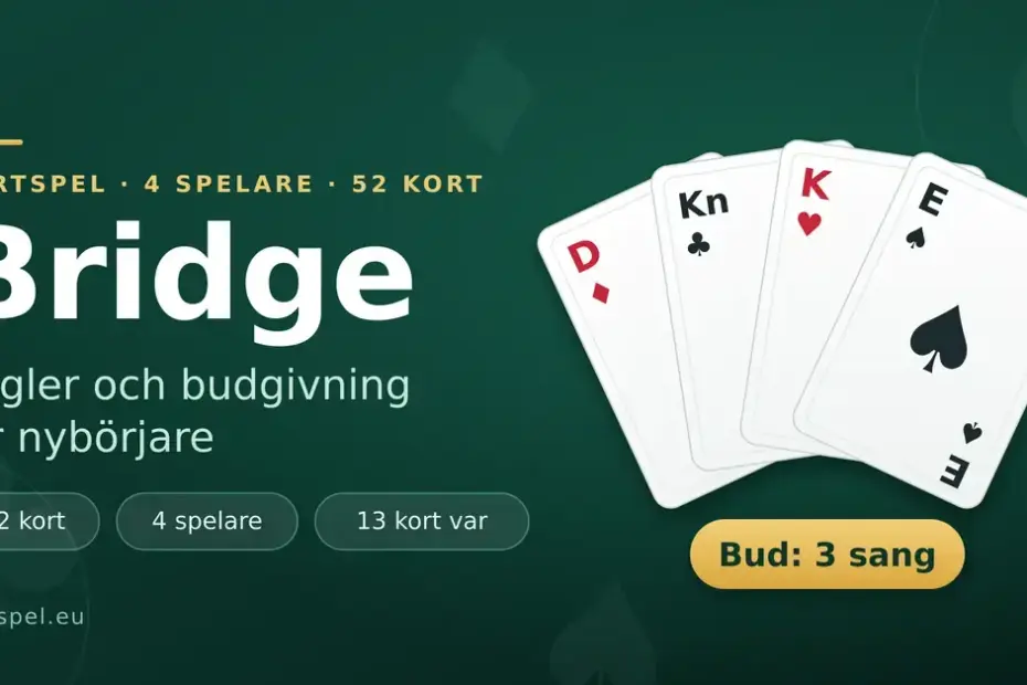 Illustration med texten "Bridge – regler och budgivning för nybörjare" bredvid en solfjäder av spelkort och en budbricka med texten "Bud: 3 sang".
