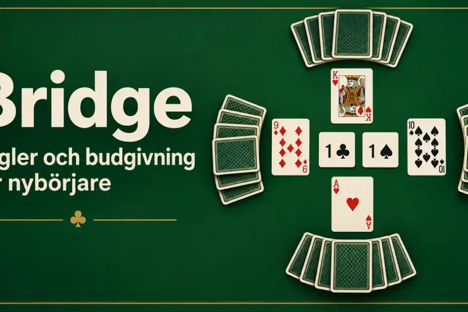 Illustration av spelkort och budkort på ett grönt bridgebord med texten ”Bridge – Regler och budgivning för nybörjare”.