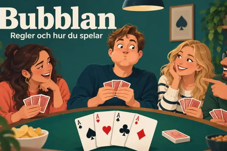 Illustration av fyra personer som spelar Bubblan runt ett bord, där en spelare blåser upp kinderna och fyra ess syns i förgrunden.