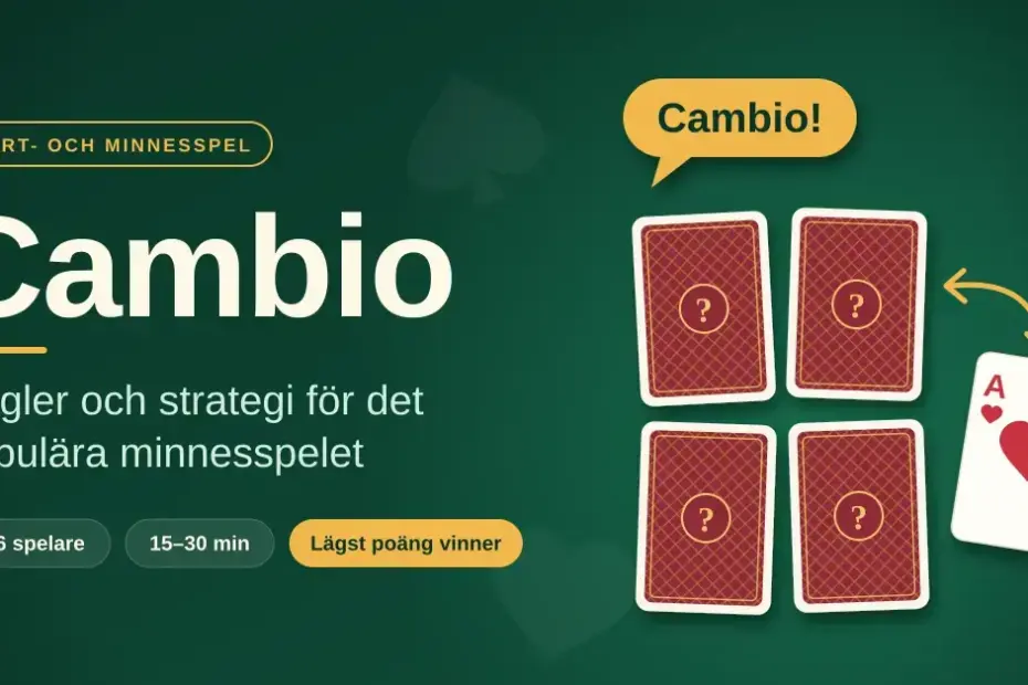 Grafik för Cambio med rubriken "Regler och strategi för det populära minnesspelet", fyra nedvända spelkort på ett grönt spelbord, ett uppvänt hjärter ess med en bytespil och en pratbubbla som ropar "Cambio!".