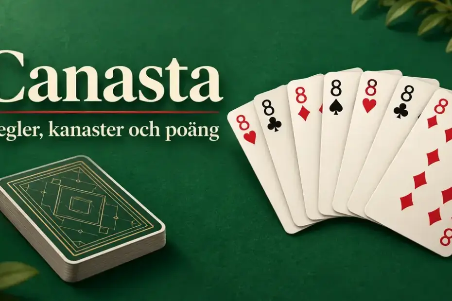 Sju åttor bildar en canasta bredvid en kortlek på ett grönt bord med texten ”Canasta – Regler, kanaster och poäng”.