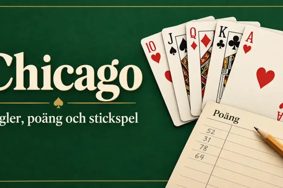 Fem spelkort, ett poängprotokoll och en penna på grön bakgrund med texten ”Chicago – Regler, poäng och stickspel”.