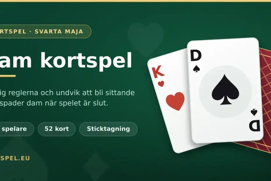 En grafisk illustration för kortspelet Dam med tre spelkort i en solfjäder, där spader dam ligger överst mot en mörkgrön bakgrund med texten "Dam kortspel".