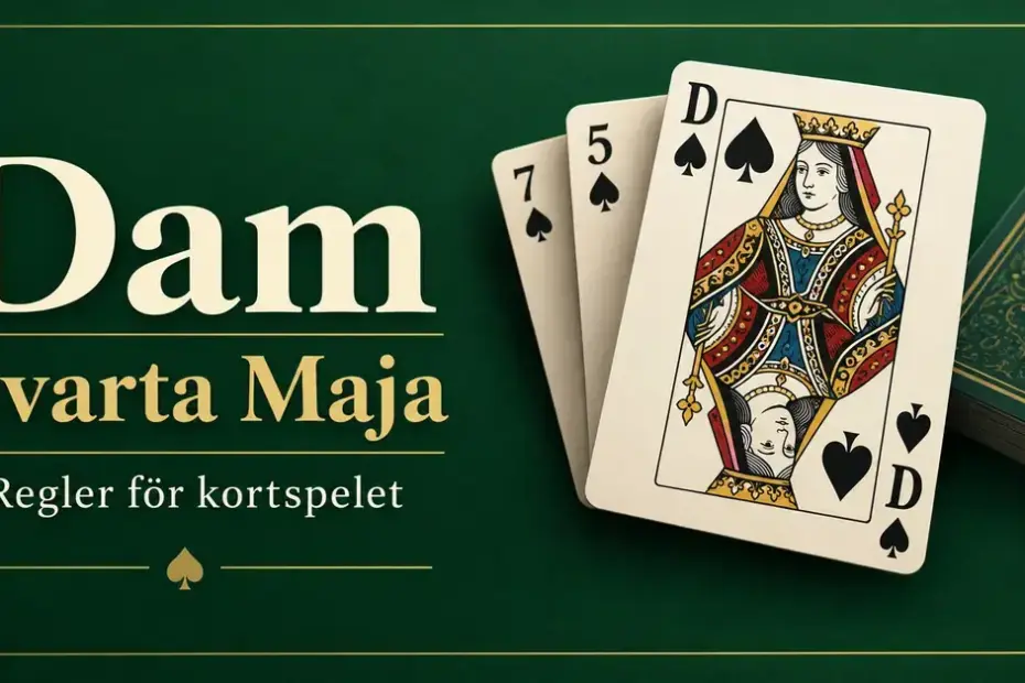 Spader dam framför andra spelkort och en kortlek på grön bakgrund med texten ”Dam – Svarta Maja – Regler för kortspelet”.