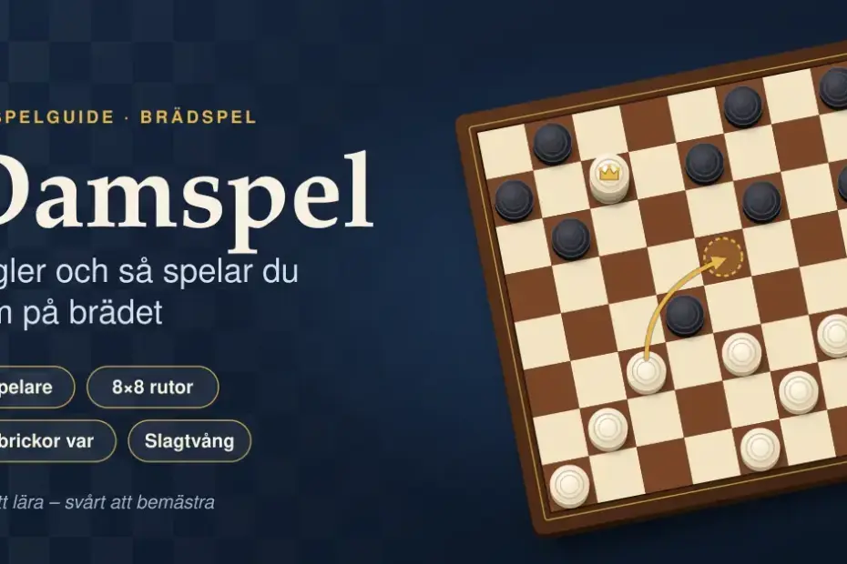 Illustration av ett rutigt dambräde med ljusa och mörka brickor, en krönt dam och en guldpil som visar ett slag, bredvid rubriken ”Damspel – regler och så spelar du dam på brädet”.
