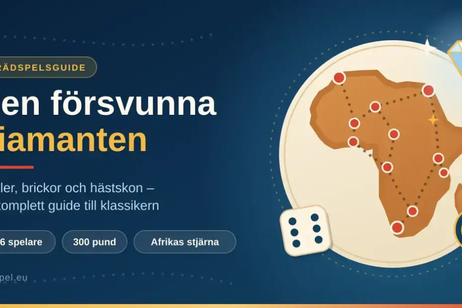 Illustrerad guide till brädspelet Den försvunna diamanten med en karta över Afrika, röda städer förbundna av prickade rutter, en tärning, en hästsko och en glittrande diamant.