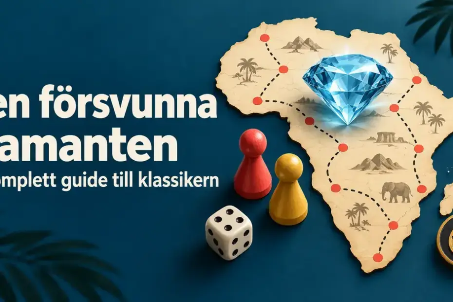 Illustration till Den försvunna diamanten med en blå diamant på en Afrikakarta, spelpjäser, en tärning och en hästskobricka.