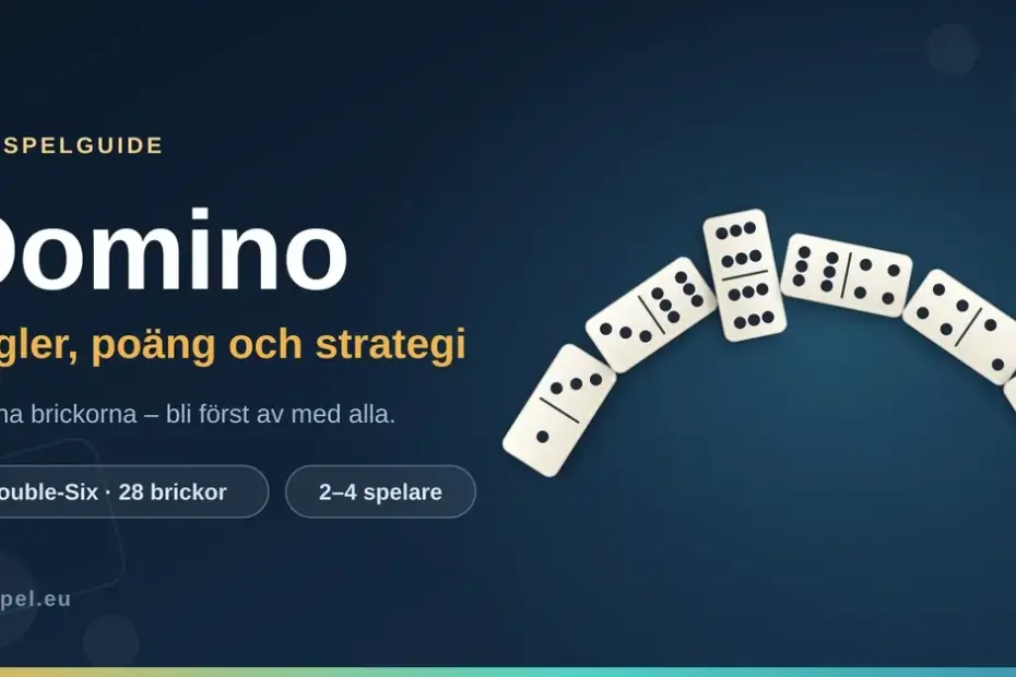 Illustration till artikeln om domino: en båge av vita dominobrickor med svarta prickar, däribland dubbelsexan, mot mörkblå bakgrund med texten "Domino – regler, poäng och strategi".