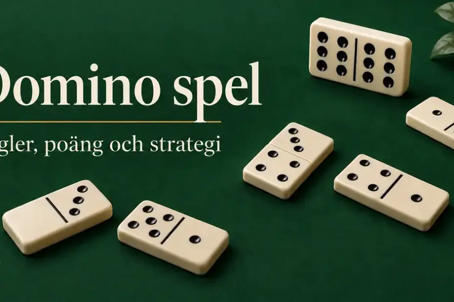 Elfenbensvita dominobrickor med svarta prickar på grön bakgrund intill texten ”Domino spel – Regler, poäng och strategi”.