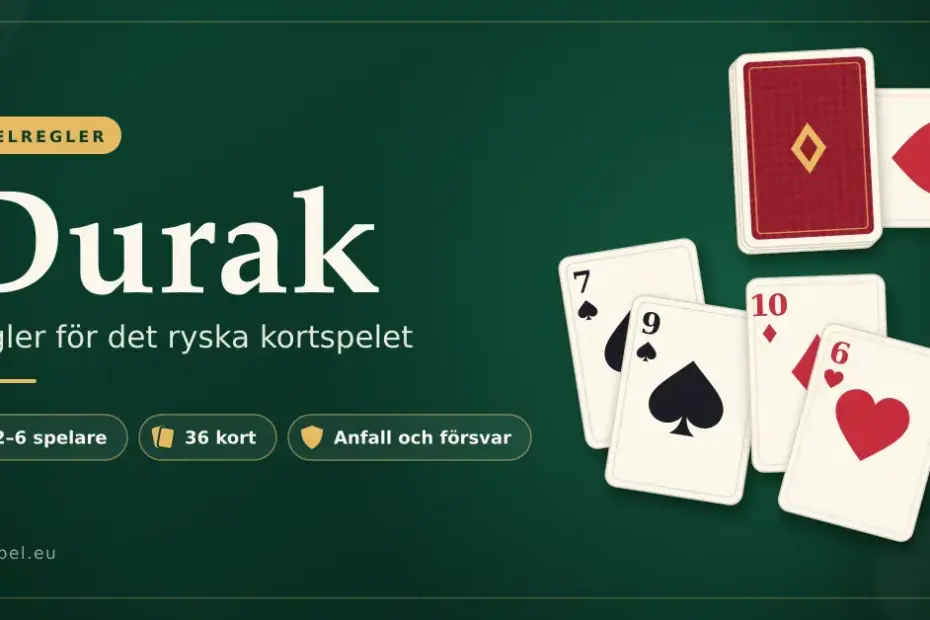 Grafik med rubriken ”Durak – regler för det ryska kortspelet” på grön bakgrund, med en kortlek där hjärter åtta ligger under som trumfkort och två anfallskort som täcks av försvararens kort.