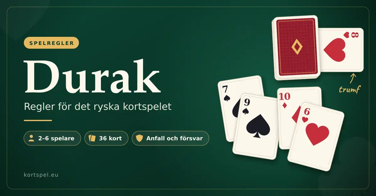 Grafik med rubriken ”Durak – regler för det ryska kortspelet” på grön bakgrund, med en kortlek där hjärter åtta ligger under som trumfkort och två anfallskort som täcks av försvararens kort.