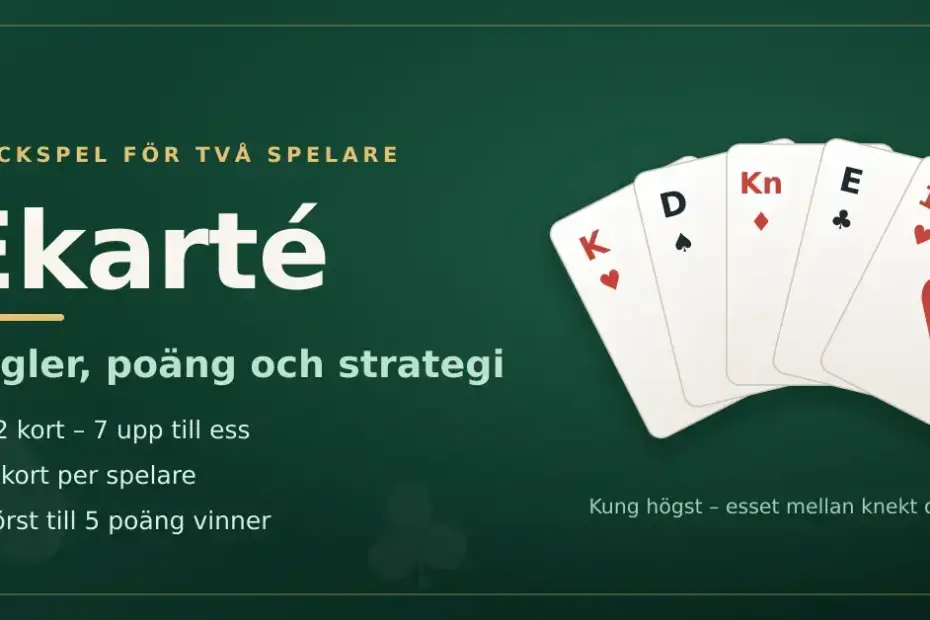 Fem spelkort i solfjäder på grönt bord bredvid rubriken Ekarté – regler, poäng och strategi.
