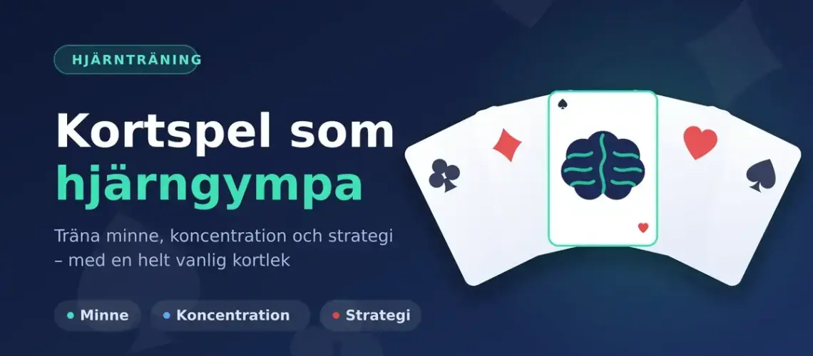 En mörkblå grafik med en solfjäder av spelkort där mittkortet visar en illustrerad hjärna, tillsammans med texten "Kortspel som hjärngympa".
