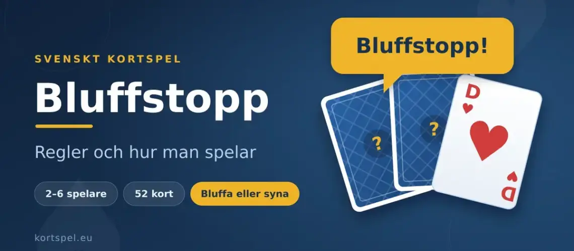 Grafik för kortspelet Bluffstopp med tre spelkort, varav två med baksidan uppåt, och en pratbubbla där någon ropar "Bluffstopp!".