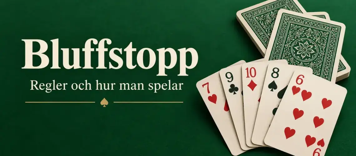 Spelkort med synliga valörer och mönstrade baksidor på grön bakgrund intill texten ”Bluffstopp – Regler och hur man spelar”.