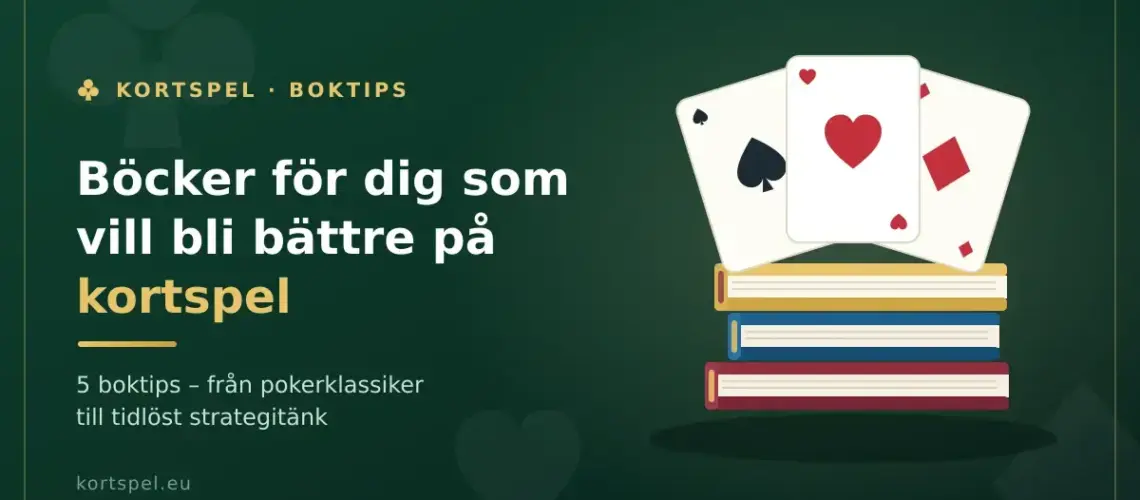Grafik med en trave böcker och tre spelkort i solfjäder mot mörkgrön bakgrund, med texten ”Böcker för dig som vill bli bättre på kortspel”.
