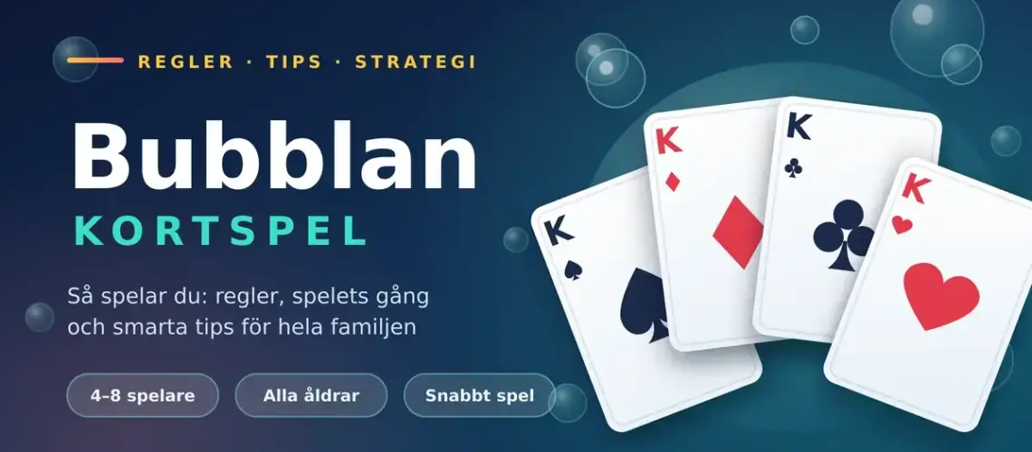 Grafik med rubriken "Bubblan kortspel" och fyra utlagda spelkort i fyrtal omgivna av bubblor, samt texten "4–8 spelare", "Alla åldrar" och "Snabbt spel".