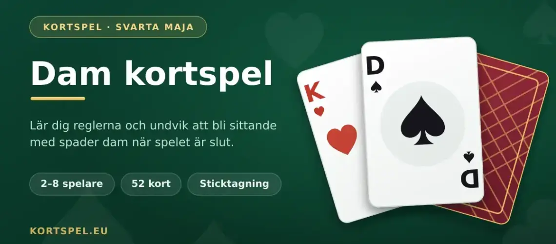 En grafisk illustration för kortspelet Dam med tre spelkort i en solfjäder, där spader dam ligger överst mot en mörkgrön bakgrund med texten "Dam kortspel".