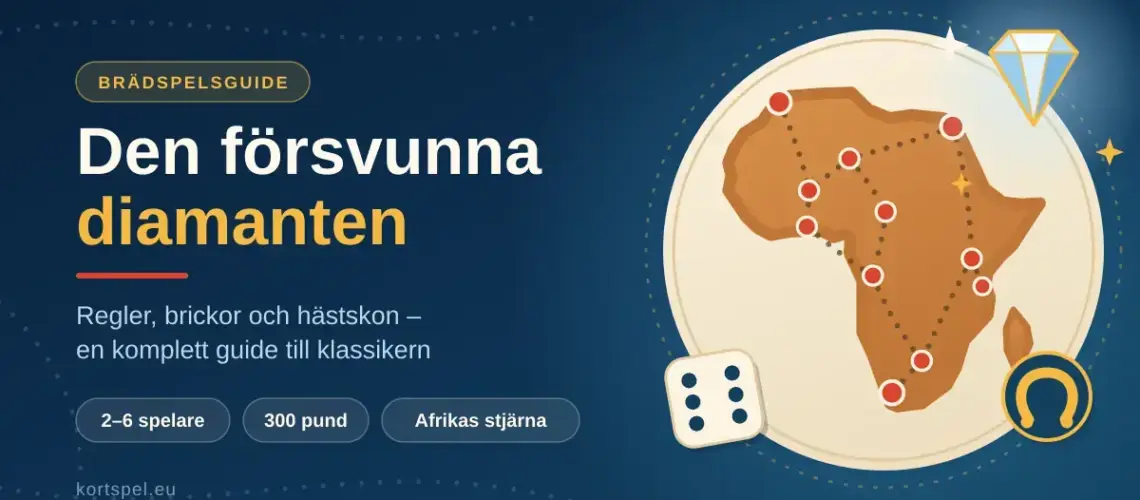 Illustrerad guide till brädspelet Den försvunna diamanten med en karta över Afrika, röda städer förbundna av prickade rutter, en tärning, en hästsko och en glittrande diamant.