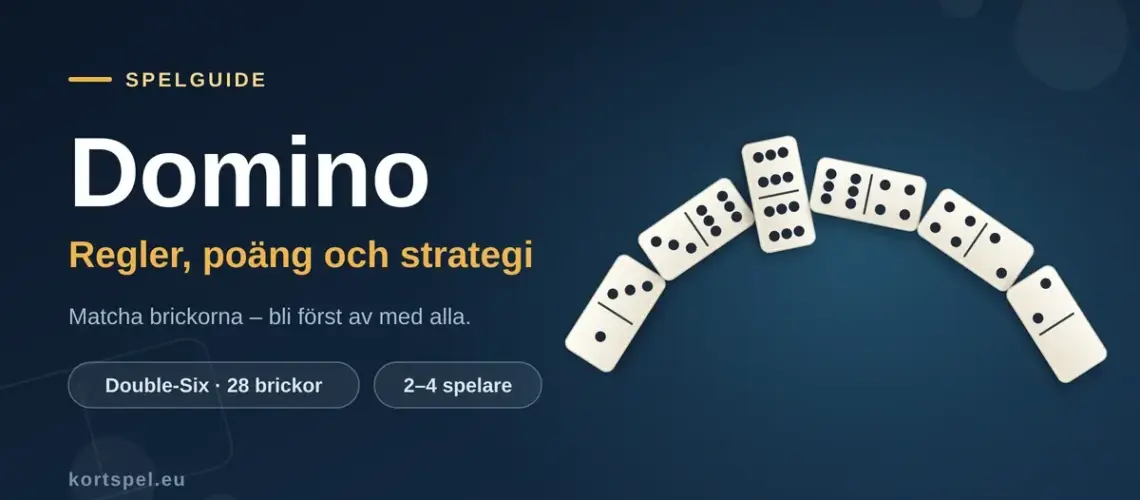 Illustration till artikeln om domino: en båge av vita dominobrickor med svarta prickar, däribland dubbelsexan, mot mörkblå bakgrund med texten "Domino – regler, poäng och strategi".