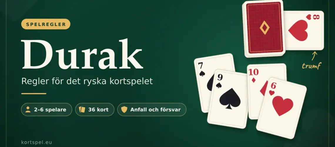 Grafik med rubriken ”Durak – regler för det ryska kortspelet” på grön bakgrund, med en kortlek där hjärter åtta ligger under som trumfkort och två anfallskort som täcks av försvararens kort.