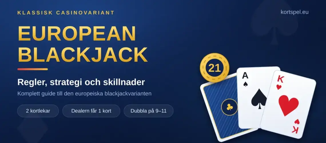 Grafik för European Blackjack med spelkorten ess i spader och kung i hjärter samt en guldfärgad spelmark med talet 21 mot mörkblå bakgrund.
