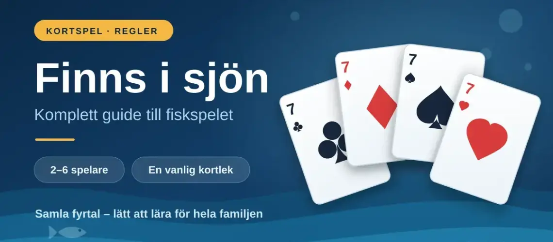 Fyra spelkort med sjuor i alla färger mot en blå vattenbakgrund med texten "Finns i sjön – komplett guide till fiskspelet".