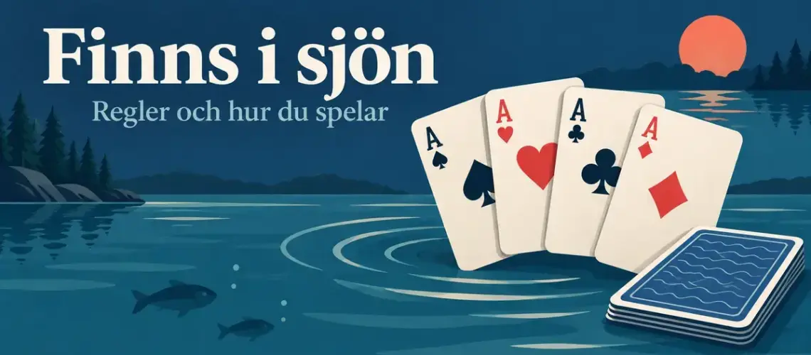 Fyra ess och en kortlek mot en illustrerad sjö med fiskar och texten ”Finns i sjön – Regler och hur du spelar”.