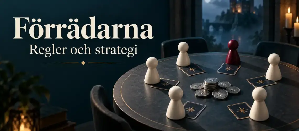 Fem ljusa spelpjäser och en vinröd pjäs står runt ett bord med rollkort och silvermynt intill texten ”Förrädarna – Regler och strategi”.