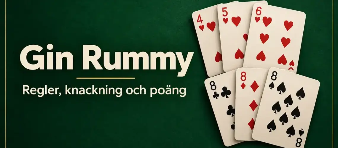 Illustration av en hjärterstege och tre åttor mot grön bakgrund med texten ”Gin Rummy – Regler, knackning och poäng”.