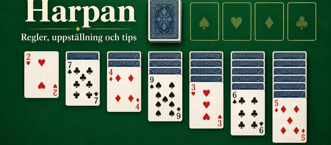 Harpan uppställd på ett grönt spelbord med sju korthögar, en draghög och fyra tomma svithögar under rubriken ”Harpan – regler, uppställning och tips”.