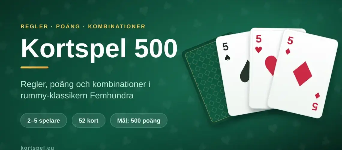 Grafik för guiden Kortspel 500 med rubriken "Kortspel 500" och en solfjäder av spelkort – tre femmor i spader, hjärter och ruter samt ett kort med baksidan upp – mot en grön spelduk.
