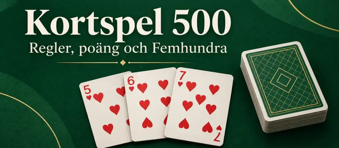 Hjärter fem, sex och sju ligger bredvid en korthög på grön bakgrund under texten ”Kortspel 500 – Regler, poäng och Femhundra”.