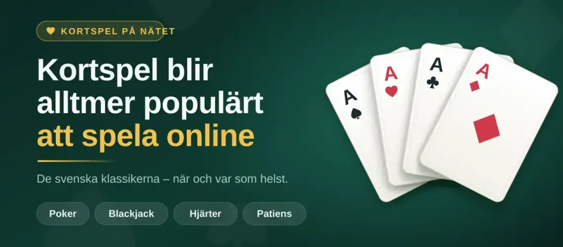 Grafik med rubriken ”Kortspel blir alltmer populärt att spela online” bredvid en solfjäder av fyra spelkort med ess i spader, hjärter, klöver och ruter mot en mörkgrön bakgrund.