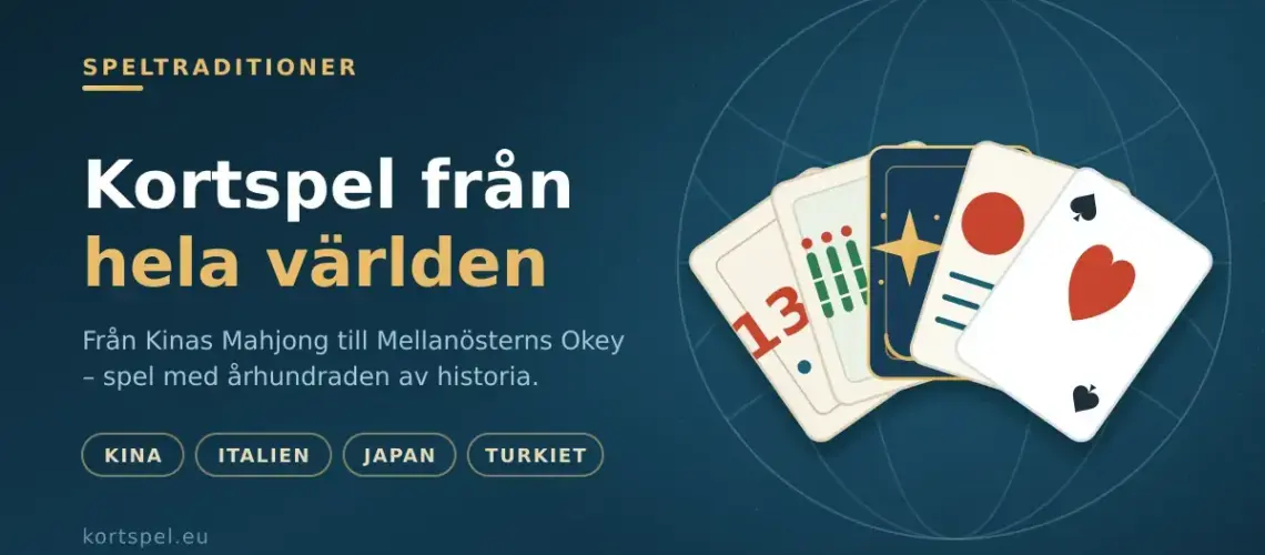 En illustration med fem uppslagna spelkort och brickor från olika kulturer – bland annat mahjong, tarot, karuta och okey – framför en jordglob, med rubriken "Kortspel från hela världen".