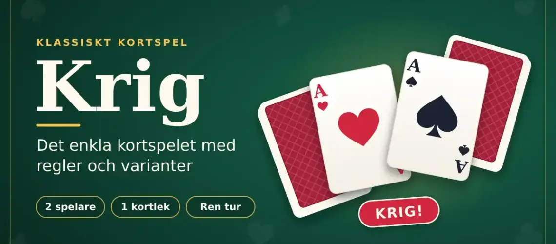 Grafisk illustration i grönt med rubriken "Krig", där ett hjärteress och ett spaderess möts framför två högar med nedvända kort och en röd skylt med texten "KRIG!".