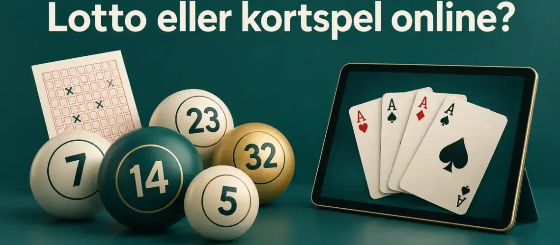 Lottobollar och en lottokupong bredvid en surfplatta med spelkort under rubriken ”Lotto eller kortspel online?”.