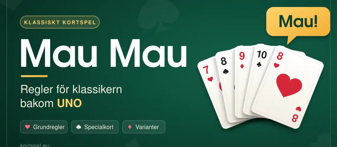 Grafik med texten "Mau Mau – Regler för klassikern bakom UNO" på grönt kortbordsfilt, bredvid en solfjäder av spelkort från en vanlig kortlek och en gul pratbubbla där det står "Mau!".