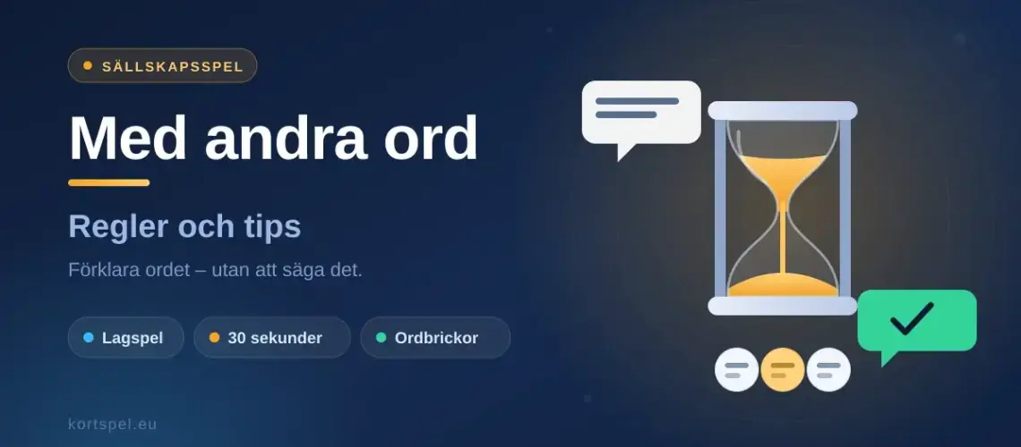 Grafik för sällskapsspelet Med andra ord med ett timglas, pratbubblor och ordbrickor samt texten "Med andra ord – regler och tips".