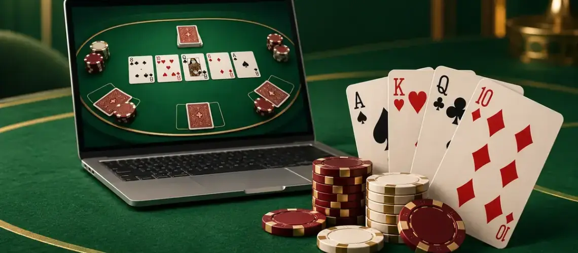 En bärbar dator visar ett digitalt kortspel bredvid spelkort och kasinomarker på ett grönt spelbord.