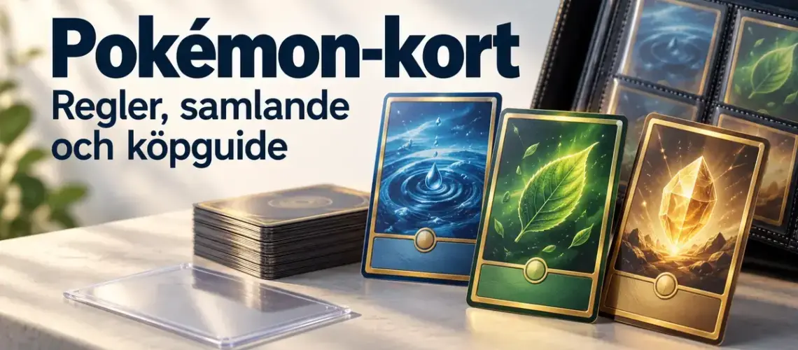 Illustration av samlarkort med vatten-, löv- och kristallmotiv, en kortpärm och ett skyddsfodral intill texten ”Pokémon-kort – Regler, samlande och köpguide”.
