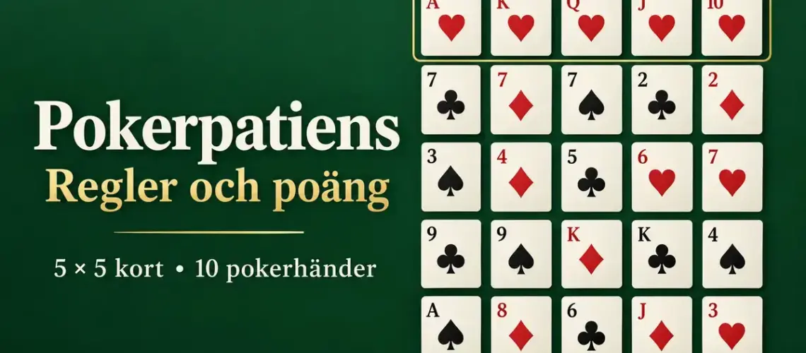 Pokerpatiens med 25 spelkort i ett rutnät med fem rader och fem kolumner samt rubriken ”Pokerpatiens – Regler och poäng” mot en mörkgrön bakgrund.