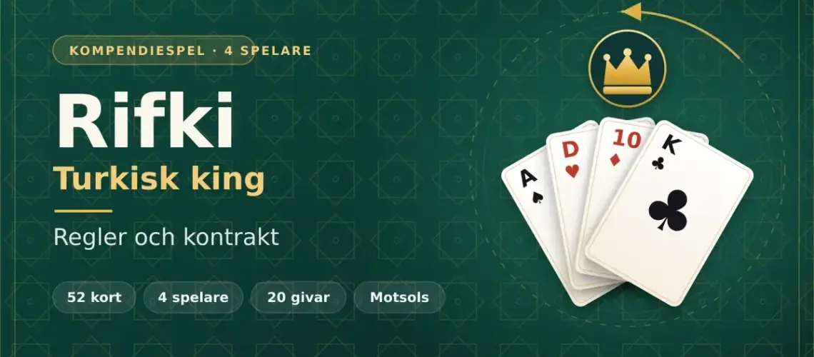 Grafik för kortspelet Rifki, också kallat turkisk king, med en solfjäder av spelkort, en gyllene krona och texten "Regler och kontrakt".