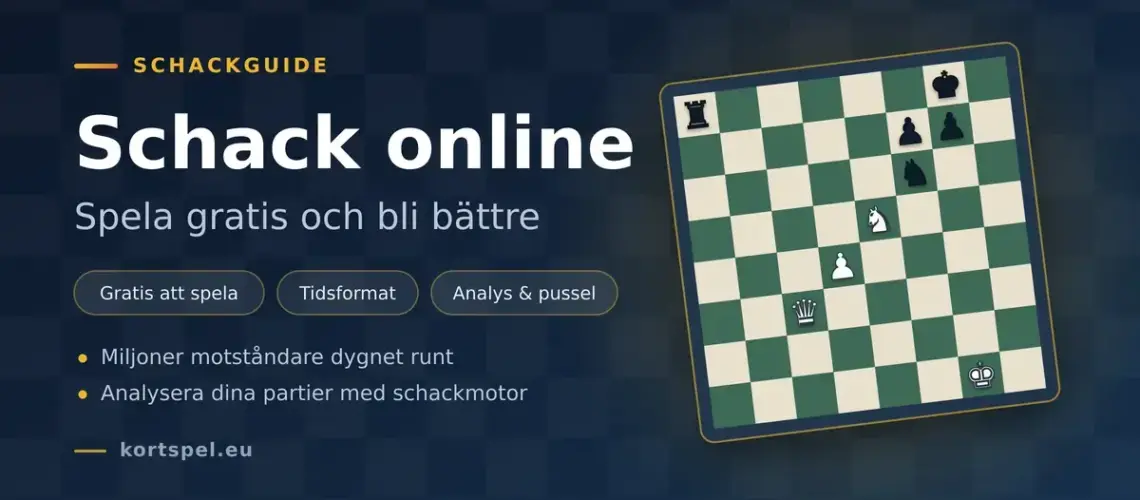 Grafik med rubriken "Schack online – spela gratis och bli bättre" bredvid ett schackbräde med pjäser mitt i ett parti.